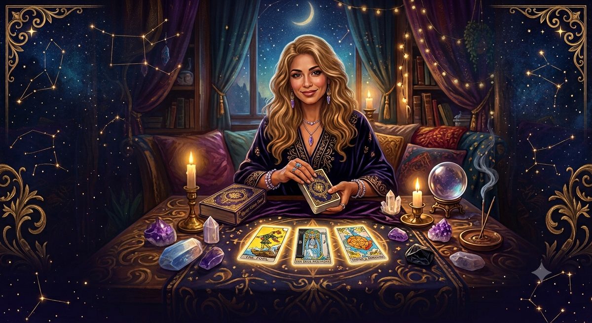 Tatiana Diamond reading tarot by candlelight